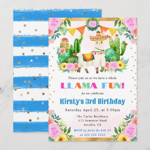 Convite Llama Floral de Verão em Aquarela para Aniversário