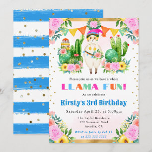 Convite Llama Floral de Verão em Aquarela para Aniversário