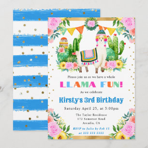 Convite Llama Floral de Verão em Aquarela para Aniversário
