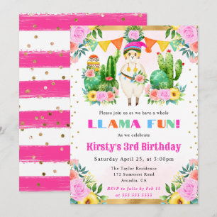 Convite Llama Floral de Verão em Aquarela para Aniversário
