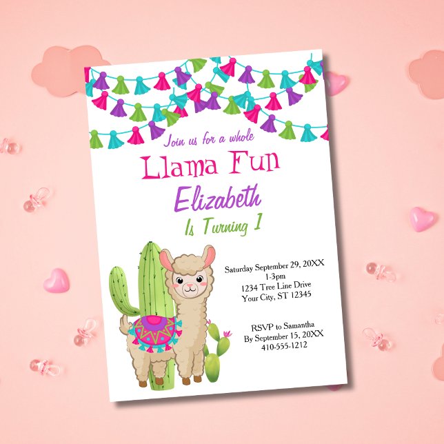 Convite Llama Fun First 1rua Pink Purple Cactus Birthday (Llama 1st First Birthday Party invitation. Pink Purple Green Cactus, Cute Llama)