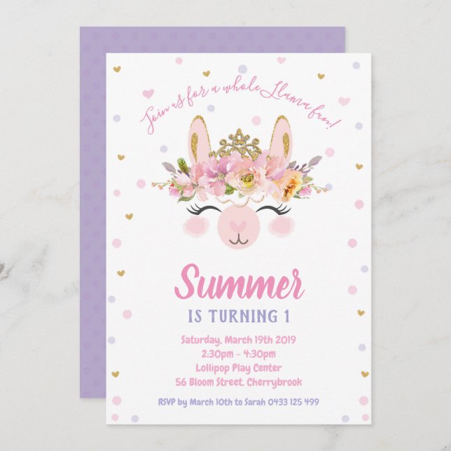 Convite Llama Fun Girl 1rua Primeira Festa de aniversário  (Frente/Verso)