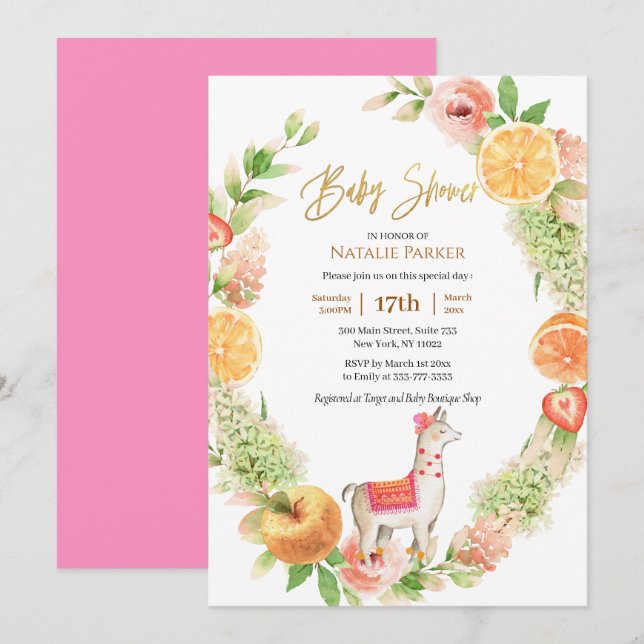 Convite Llama Mama Citrus Floral Greenery Chá de fraldas (Frente/Verso)