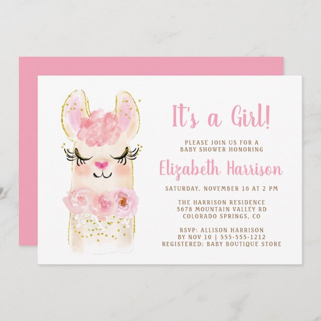 Convite Llama Mama Rosa, Chá de Garota Rosa (Frente/Verso)