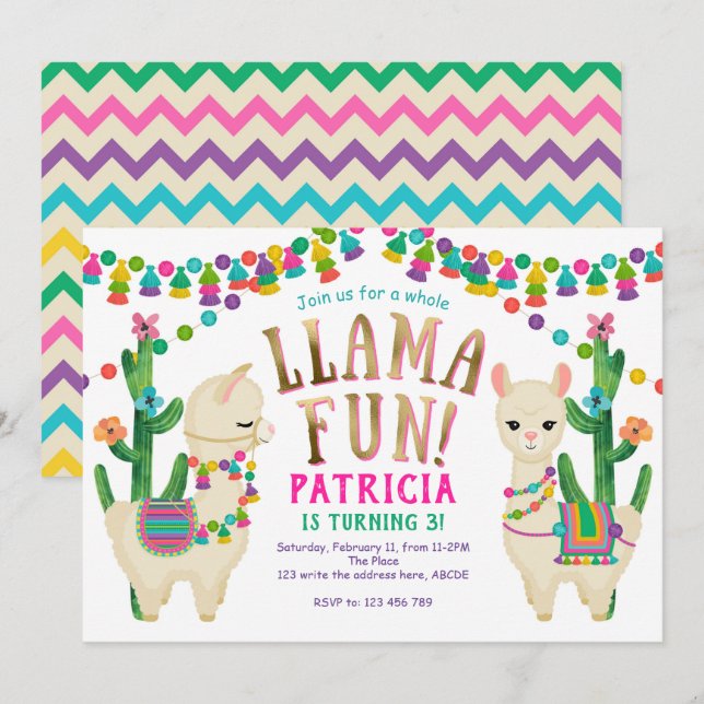 Convite Llama, mexicano, FIesta, Cute, Aniversário (Frente/Verso)