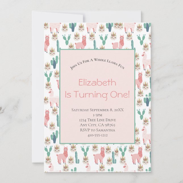 Convite Llama rosa e Aniversário de criança verde Cactus (Frente)