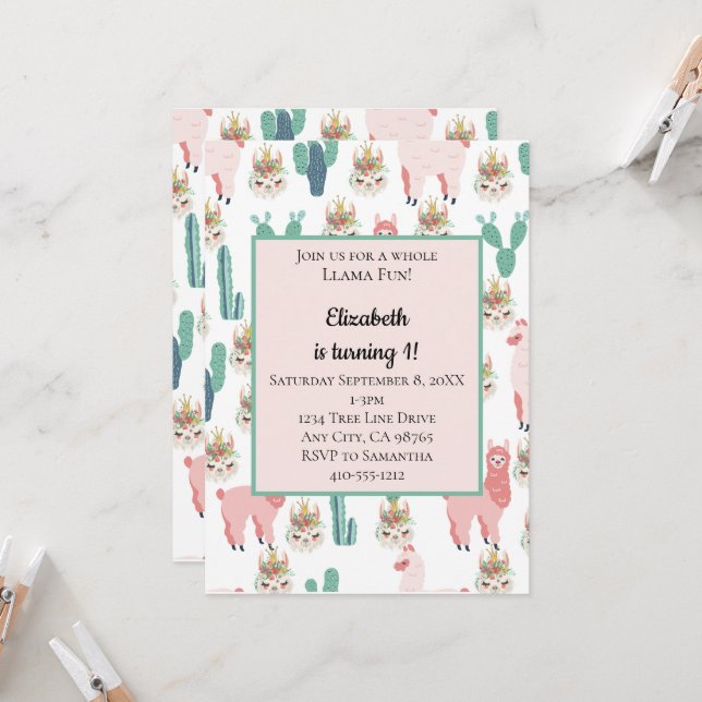 Convite Llama rosa e Aniversário de criança verde Cactus (Frente/Verso In Situ)