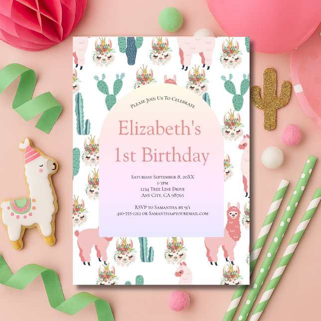 Convite Llama Rosa e Cactus Verde - Garota Bonita Aniversá (llama and cactus pink and green girls birthday invitation)