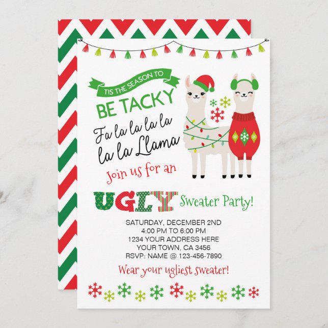 Convite Llama Ugly Sweater Party (Frente/Verso)