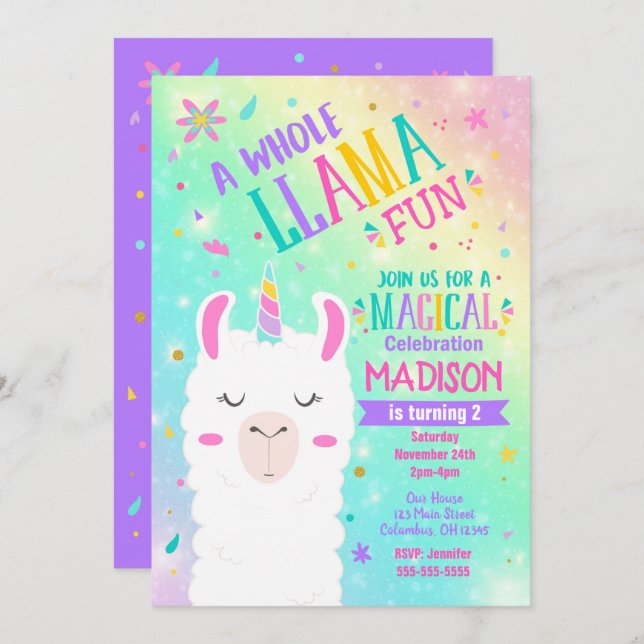 Convite Llama Unicorn Aniversário do Partido Magnético (Frente/Verso)