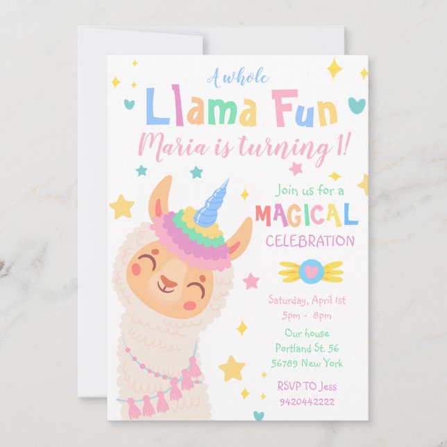 Convite Llama Unicorn Aniversário do Partido Magnético (Frente)