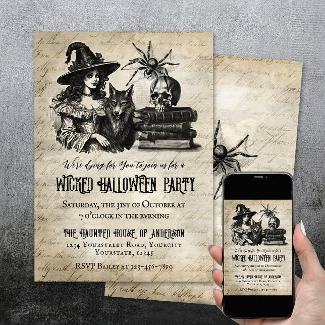 Convite Lobo-aranha-do-mato-bruxas-gótico (Halloween party invite with witch wolf skull spider.)