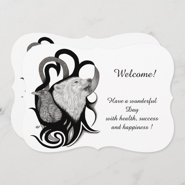 Convite Lobo Branco com Raven, adicione seu texto (Frente/Verso)