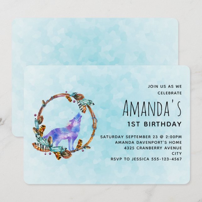 Convite Lobo de Aquarela com Boho Style Wreath Birthday (Frente/Verso)