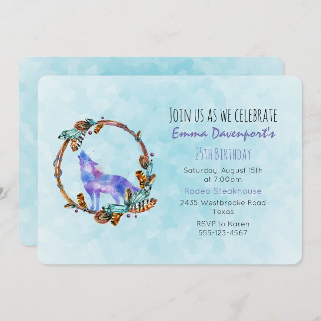 Convite Lobo de Aquarela com Boho Style Wreath Birthday (Frente/Verso)