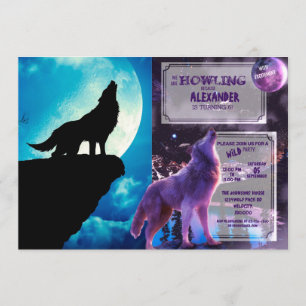Convite Lobo na silhueta uivando até a lua de cheio