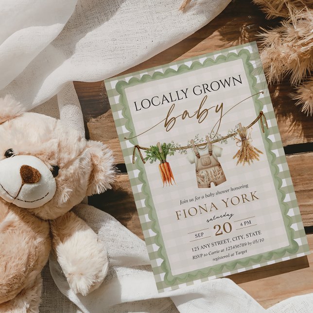 Convite Locally Grown Baby Farmer's Market Green Gingham (Locally Grown Baby Shower Invitation Sage Green Gingham Farmer's Market Boy Baby Shower)
