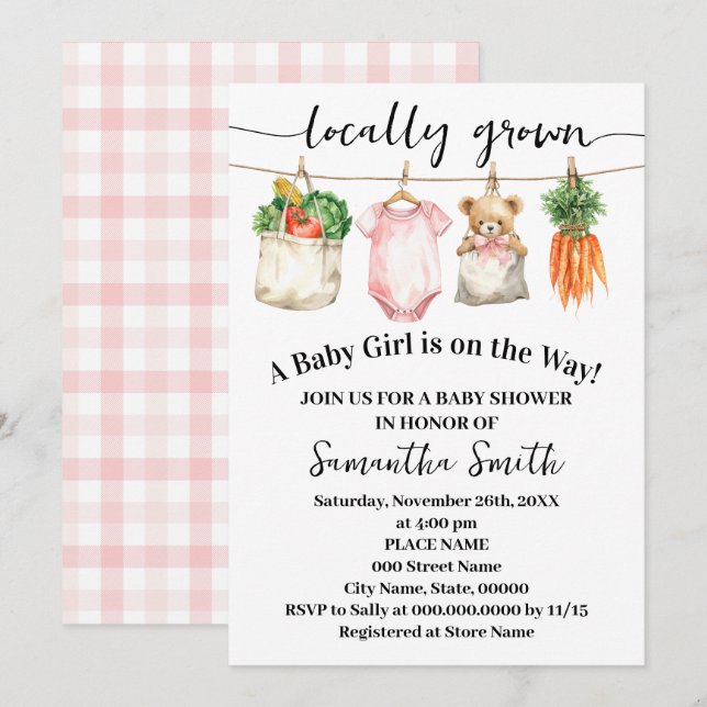 Convite Locally Grown Baby Girl on the Way Baby Shower (Frente/Verso)