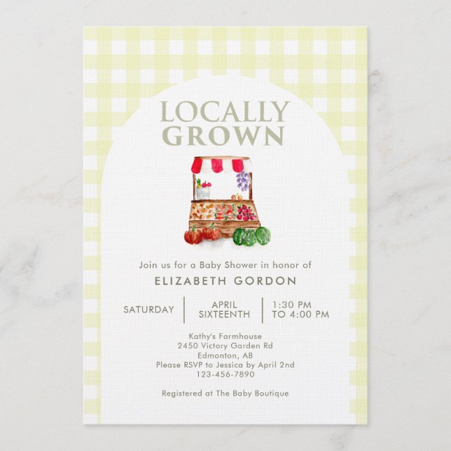Convite Locally Grown Baby Shower Farm Market Gingham (Frente)