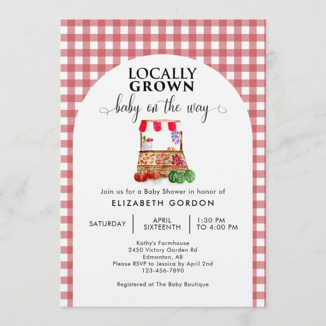 Convite Locally Grown Baby Shower Farm Market Gingham (Frente)