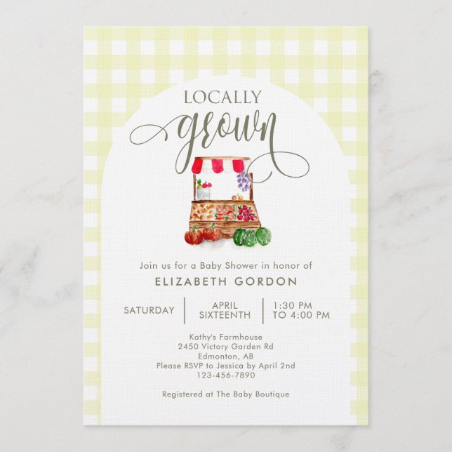 Convite Locally Grown Baby Shower Farm Market Gingham (Frente)