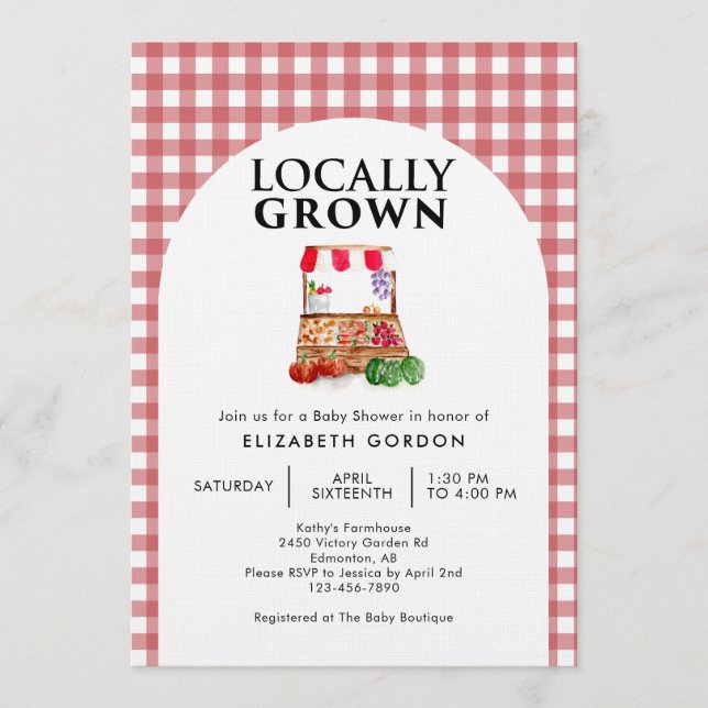 Convite Locally Grown Baby Shower Farm Market Gingham (Frente)