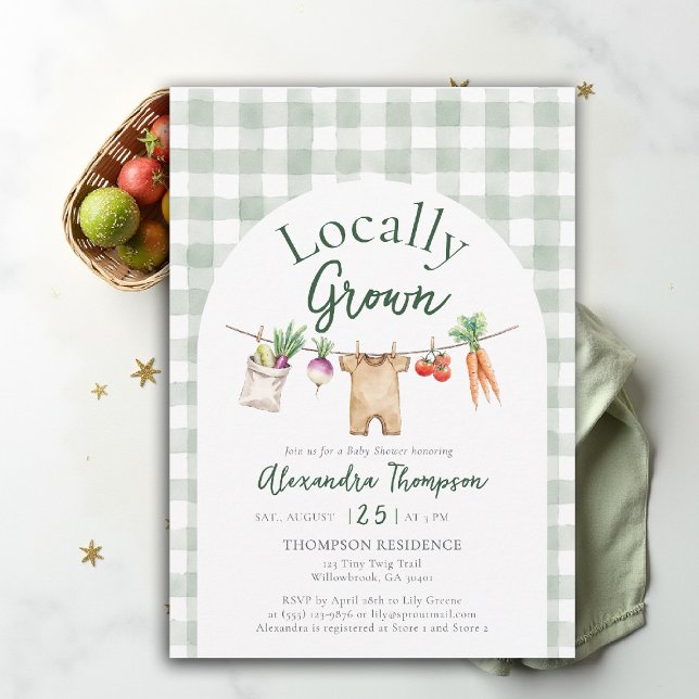 Convite Locally Grown Clothes Line Farm Fresh Baby Shower (locally grown baby shower invitation clothes line overalls farm fresh watercolor green gingham arch)