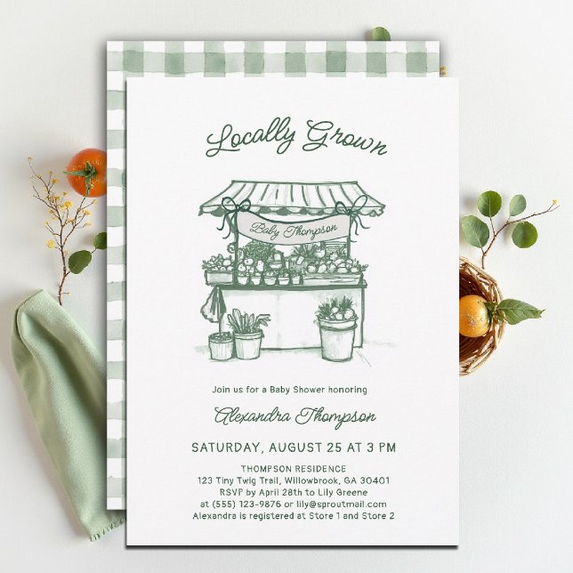 Convite Locally Grown Farmer Market Sage Green Baby Shower (locally grown baby shower invitation sprout produce watercolor farmers market stand green gingham)