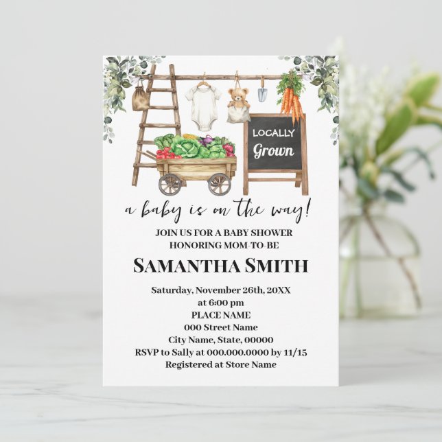 Convite Locally Grown Farmer's Market Baby Shower (Em pé/Frente)