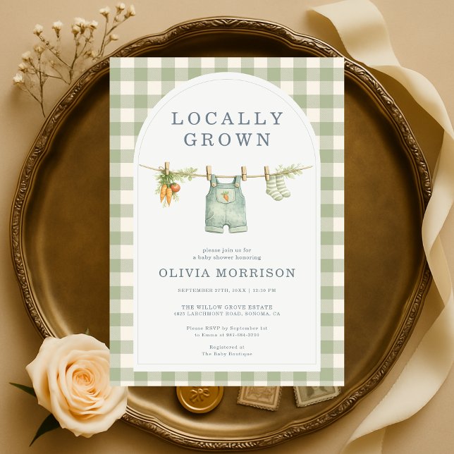 Convite Locally Grown Gingham Sage Green Baby Shower (Criador carregado)