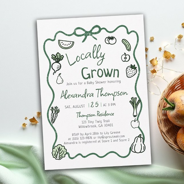 Convite Locally Grown Hand Drawn Bow Squiggle Baby Shower (locally grown baby shower invitation hand drawn bow frame produce farm fresh green script written )