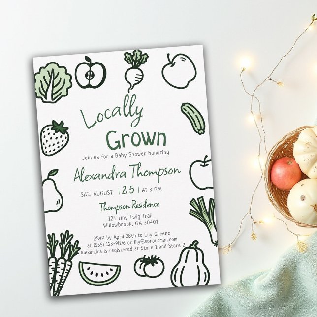 Convite Locally Grown Hand Drawn Farm Fresh Baby Shower (locally grown baby shower invitation hand drawn produce farm fresh green script written gingham)