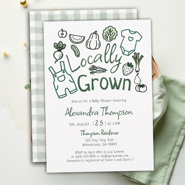 Convite Locally Grown Hand Drawn Farm Veggies Baby Shower (locally grown baby shower invitation hand drawn produce farm fresh green clothes garden patch)