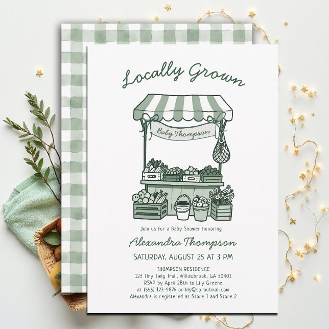 Convite Locally Grown Market Stand Sage Green Baby Shower (locally grown baby shower invitation sprout produce watercolor farmers market green gingham)