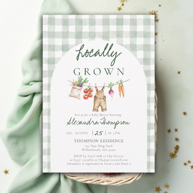 Convite Locally Grown Produce Clothes Line Baby Shower (locally grown baby shower invitation clothes line overalls produce watercolor green gingham arch)