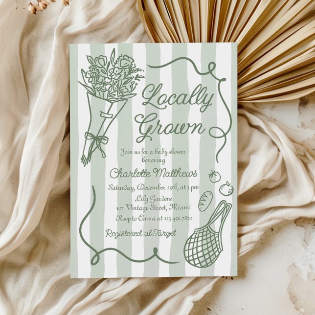 Convite Locally Grown Sage Green Hand Drawn Baby Shower (Criador carregado)