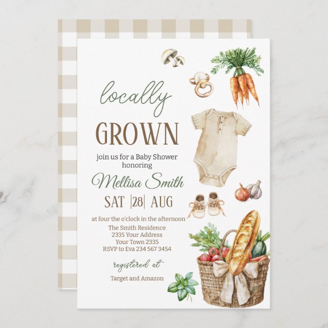 Convite Locally Grown Veggies Farmers Market Baby Shower (Frente/Verso)