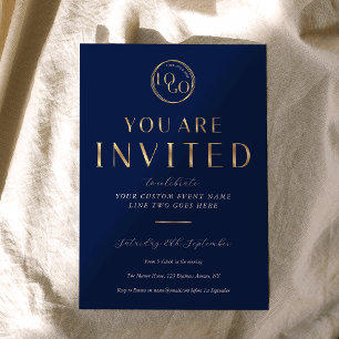 Convite Logotipo Azul Marinho e Dourado Evento de Negócios