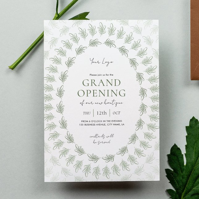 Convite Logotipo comercial Elegante de grande abertura em  (Elegant greenery business grand opening invitation design with fully editable text)