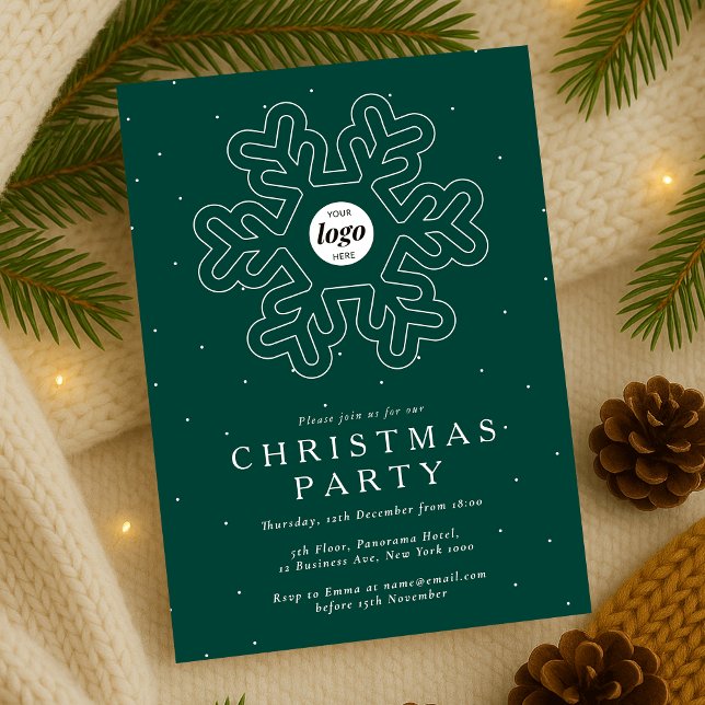 Convite Logotipo comercial - Empresa verde do Partido Nata (Company Christmas Party Invitation in green and white with snowflake detail and your logo)