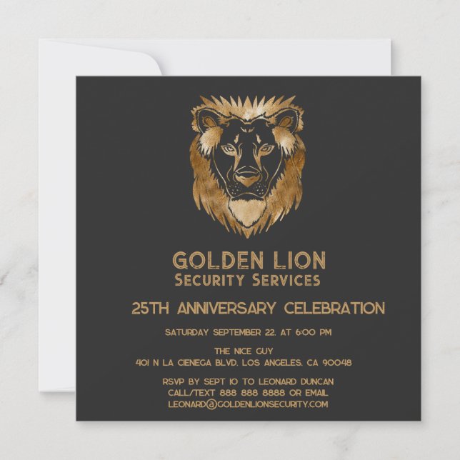 Convite Logotipo comercial Luxe Black Dourado Lion, 25 ano (Frente)