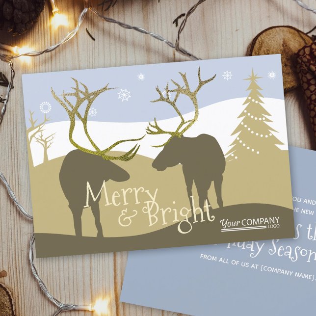 Convite Logotipo da empresa Bordeer Reindeer, Azul-claro (rustic light blue beige gold reindeer forest company logo employee holiday Christmas greeting cards)