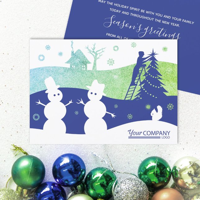Convite Logotipo da empresa Snowmen verde-azul-claro (bright blue green company business logo holiday christmas xmas greeting cards for clients employees)