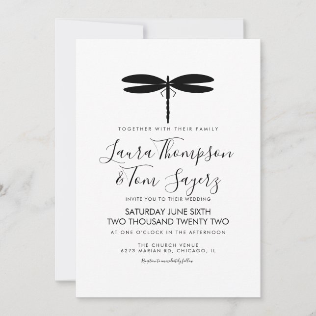 Convite Logotipo de Casamento de Dragonfly Simples - Branc (Frente)