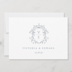 Convite Logotipo de Casamento Dusty Blue Crest Monograma