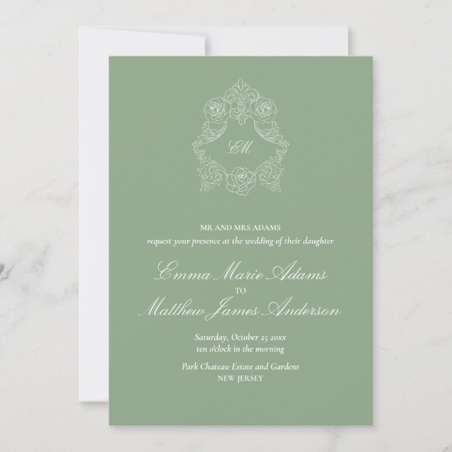 Convite Logotipo de Monograma Crest Verde Sage Casamento (Frente)