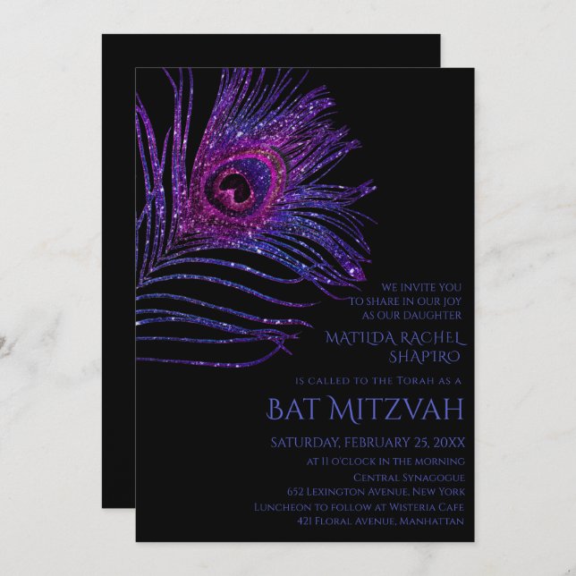 Convite Logotipo do Pacock Feather Glitter Roxo Bat Mitzva (Frente/Verso)