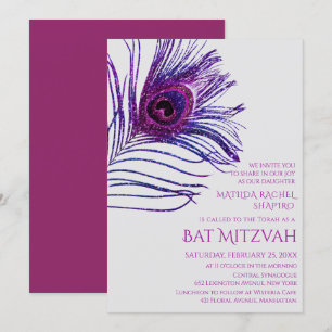 Convite Logotipo do Pacock Feather Glitter Roxo Bat Mitzva