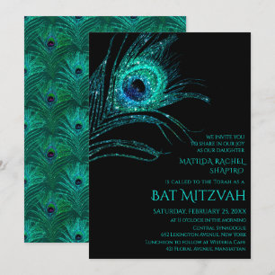 Convite Logotipo do Peacock Feather Glitter Turquoise Bat 