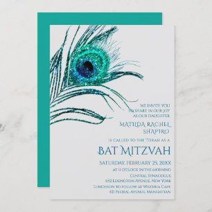 Convite Logotipo do Peacock Feather Turquoise Bat Mitzvah